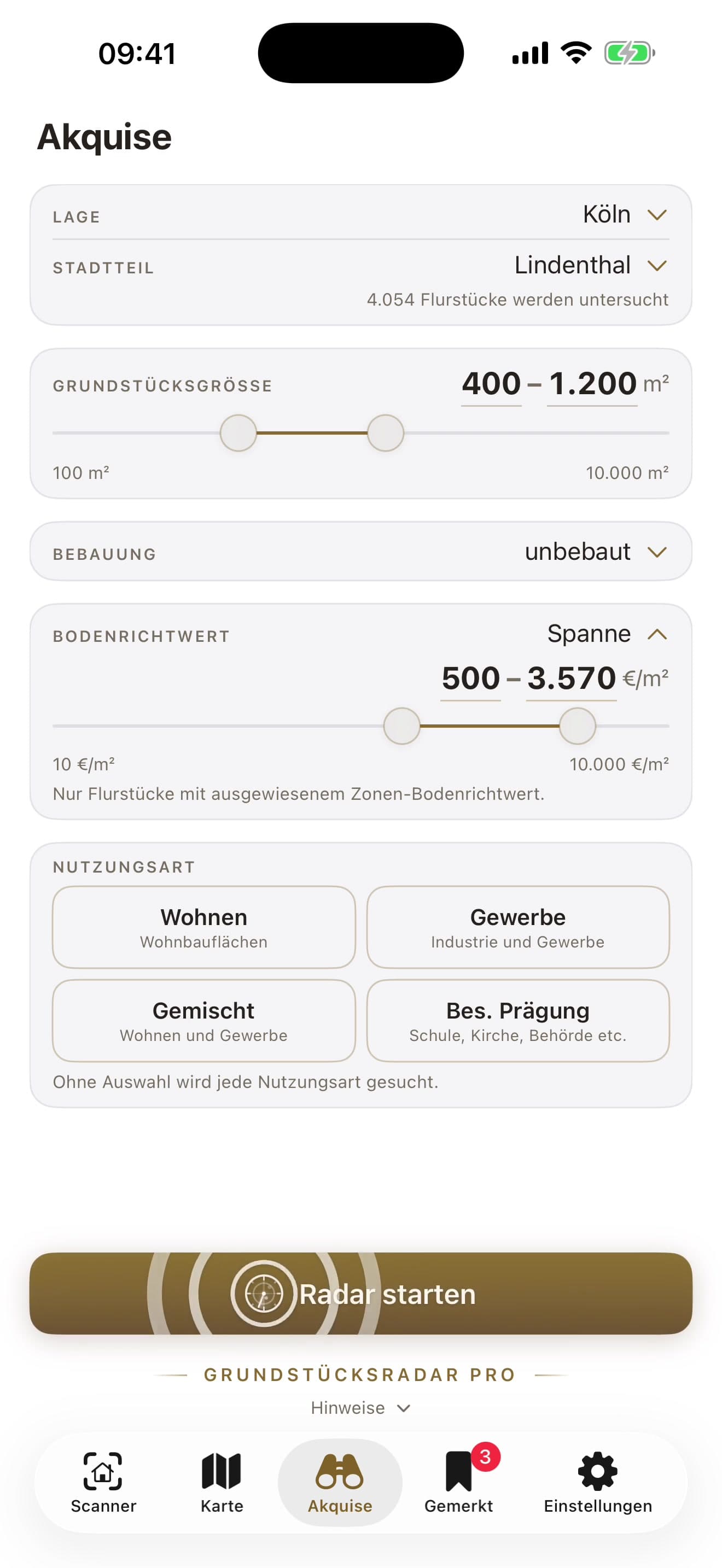 Akquise in der App: Köln, Lindenthal, 400–1.200 m², unbebaut, Bodenrichtwert 500–3.570 €/m², Knopf „Radar starten“