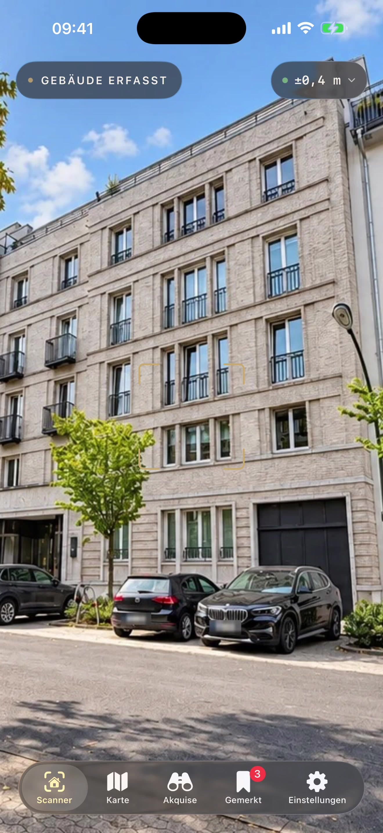 App-Sucher: Fassade der Bankstraße 1, oben „Gebäude erfasst“