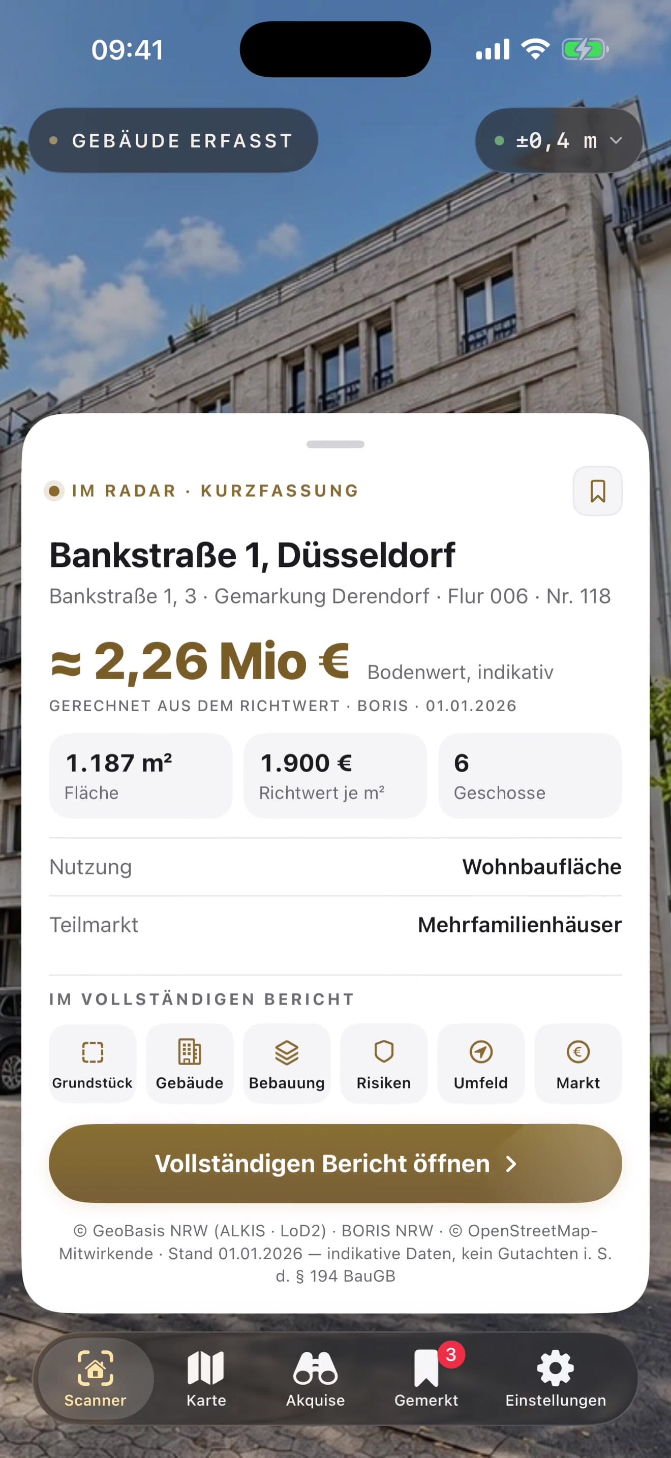 Kurzfassung im Sucher: Bankstraße 1, ≈ 2,26 Mio € Bodenwert, 1.187 m², 1.900 €/m², 6 Geschosse, sechs Abschnitte, Knopf „Vollständigen Bericht öffnen“
