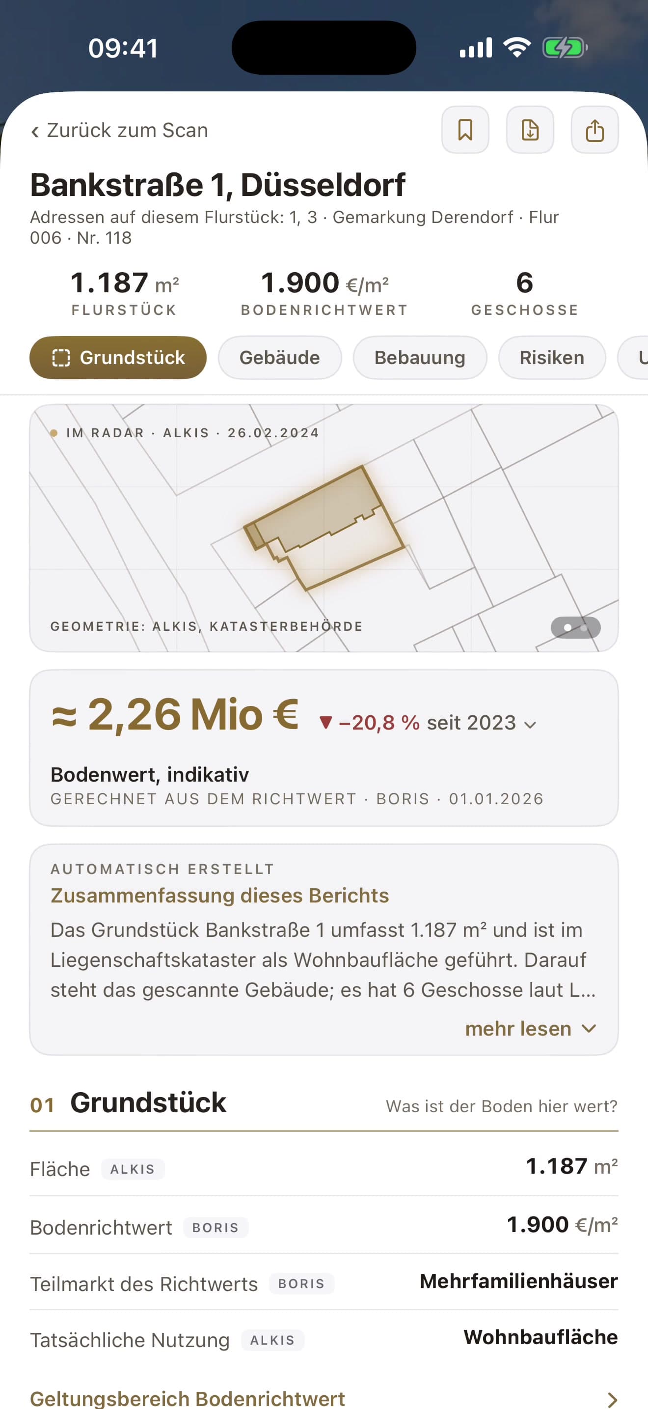Berichtkopf: Bankstraße 1, Düsseldorf, Flurkarte, Bodenwert ≈ 2,26 Mio €, Zusammenfassung