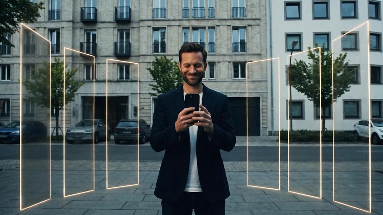 Filmposter: Ein Mann vor einer Fassade, um ihn die sechs Abschnitte des Berichts als goldene Rahmen